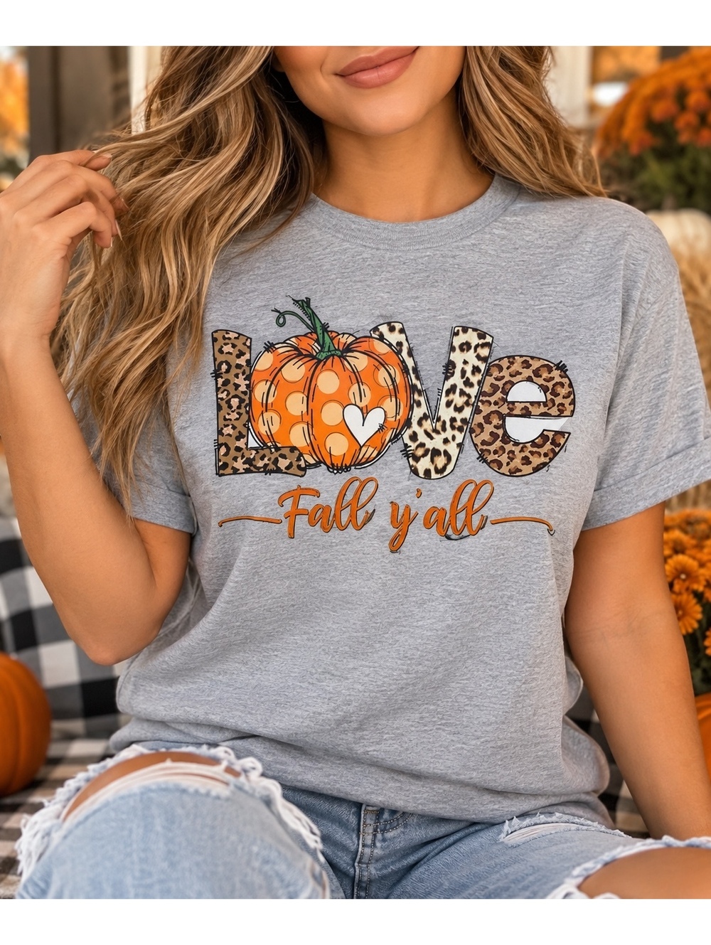 Women's Gray Fall Y'all Love Pumpkin Graphic T-Shirt